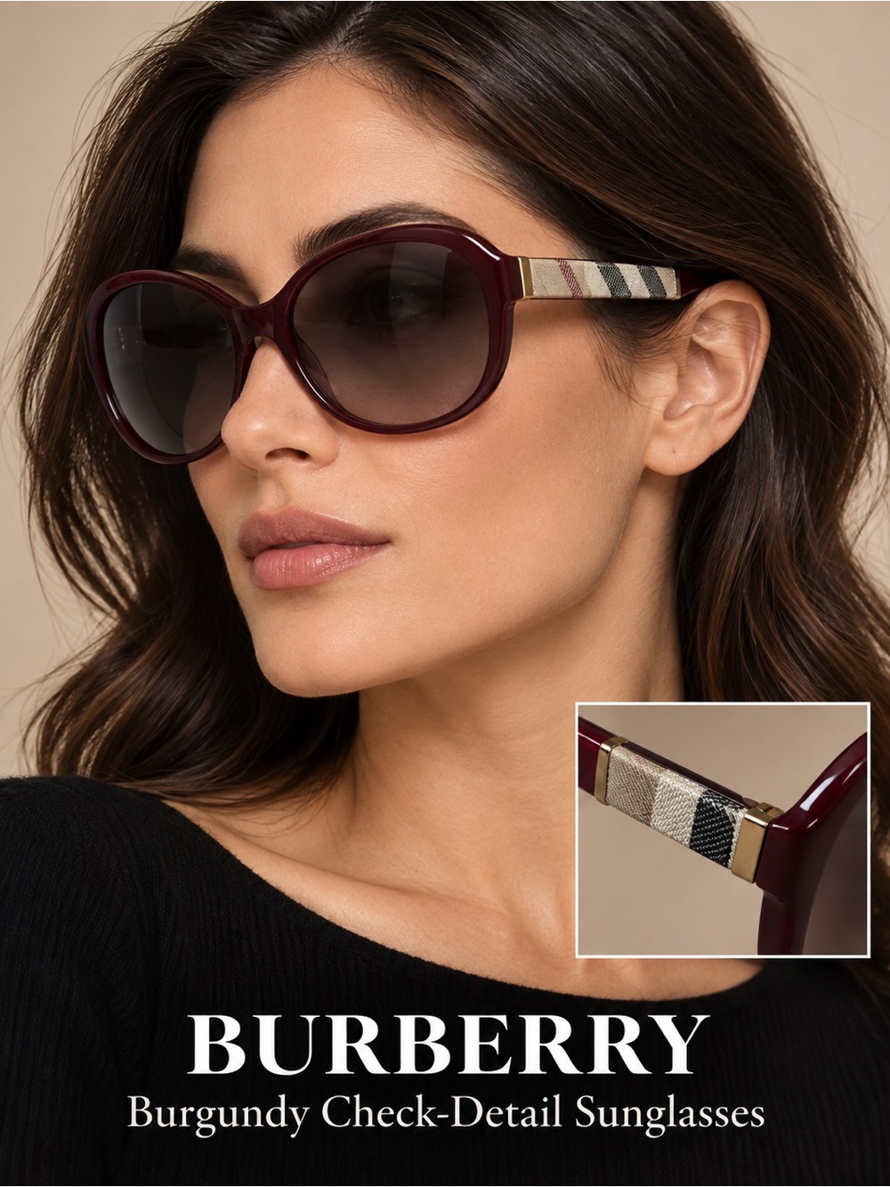 Burberry Burgundy Sunglasses with Signature Check Arms